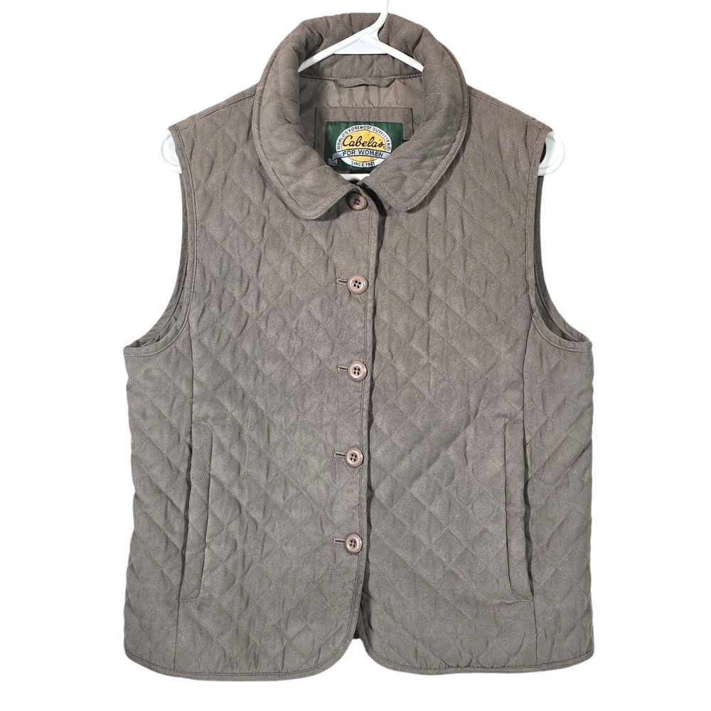 Cabela's Quilted Vest Womens Medium Taupe Brown Faux‎ Suede Button Front Outdoor